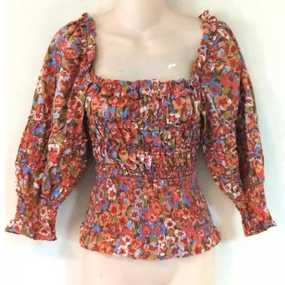 House of Harlow 1960 Womens Floral Boho Ruffle Neck Smocked Top Multicolor Sz XL - Picture 3 of 10